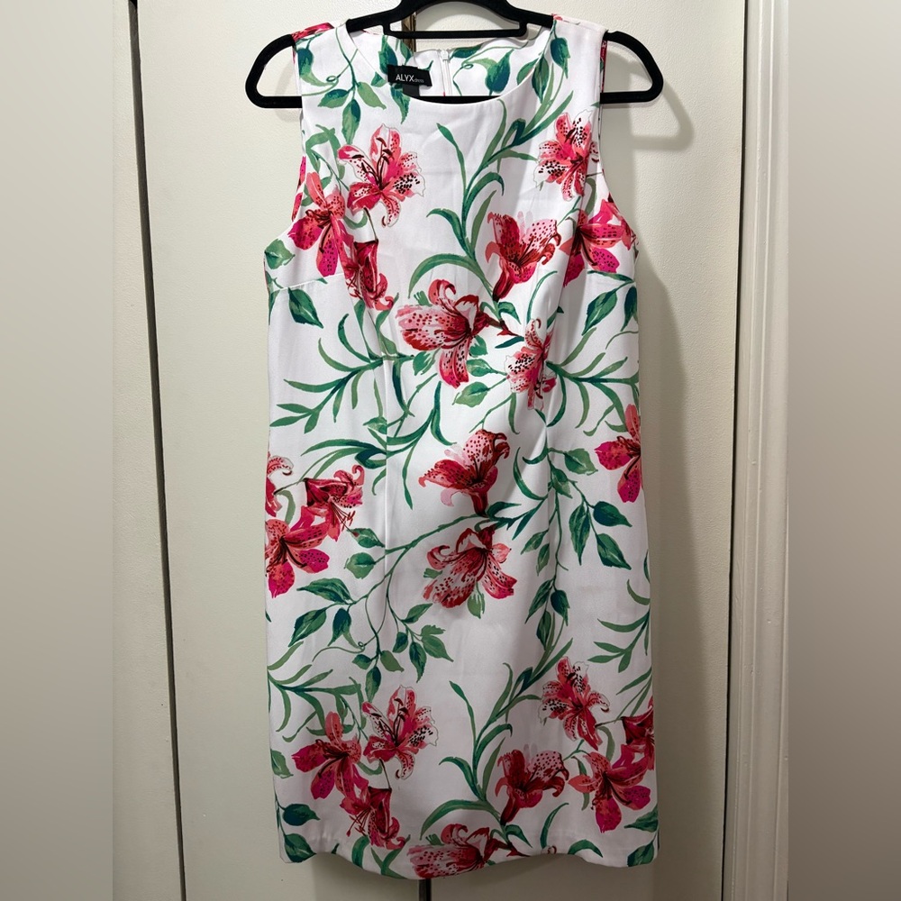 Floral Sleeveless Dress - White with Pink and Green Accents